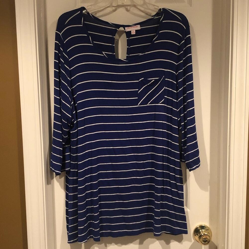 Molly & Isadora blue with white stripes long sleeve tunic sized 1X